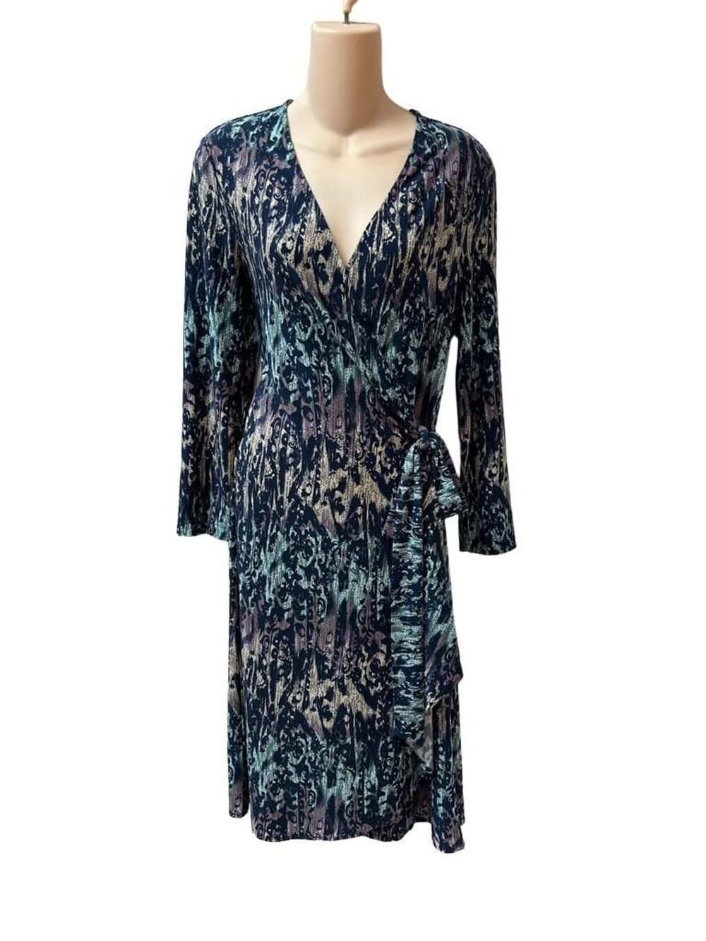 BCBGMaxAzria Adele Wrap Dress Size L Blue Multi Print Long Sleeve V-Neck